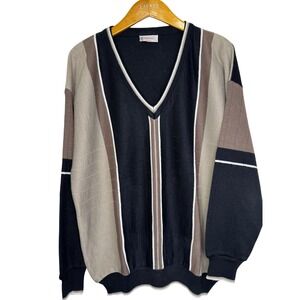 Gabicci V-Neck Striped Sweater XL Black/Brown Acrylic/Wool‎ Made in Italy